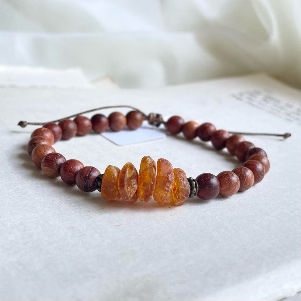 Handmade boho Baltic amber and wood mala bracelet